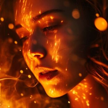 Close-up of a woman surrounded by warm glowing lights creating a mystical atmosphere.