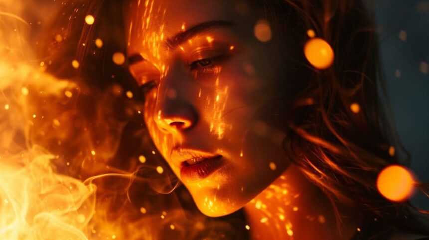 Close-up of a woman surrounded by warm glowing lights creating a mystical atmosphere.