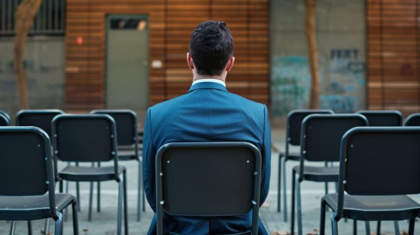 Businessman sitting alone amidst empty chairs outdoors