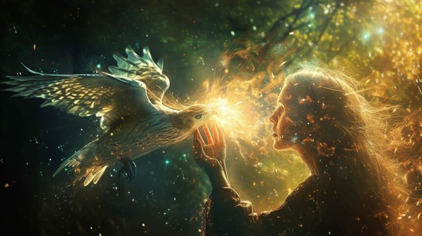 Fantasy woman with ethereal glow touching a luminous eagle in a mystical forest setting.