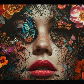 Woman's face with vibrant flowers and butterflies digital art painting.