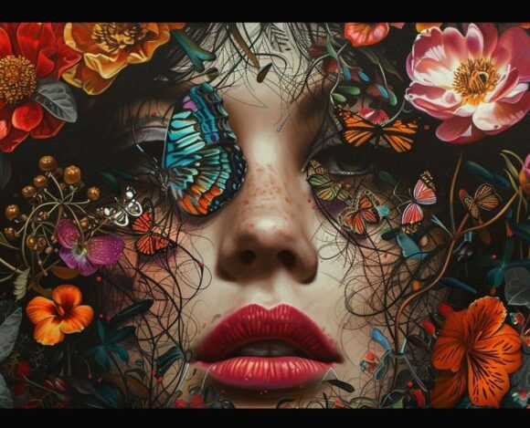 Woman's face with vibrant flowers and butterflies digital art painting.