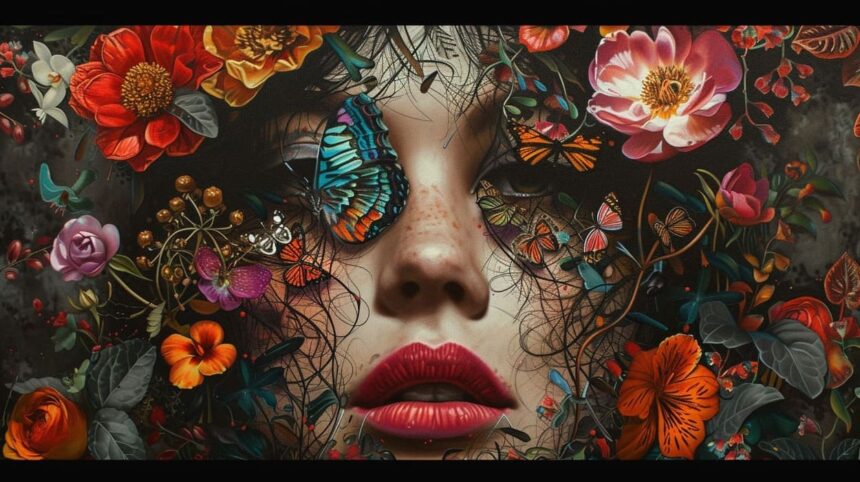Woman's face with vibrant flowers and butterflies digital art painting.