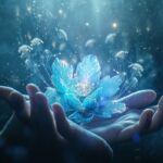 Glowing blue flower on hands with magical particles floating around in a dark mystical setting.