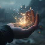 Hand holding magical glowing substance with sparkling light particles on mountainous misty background