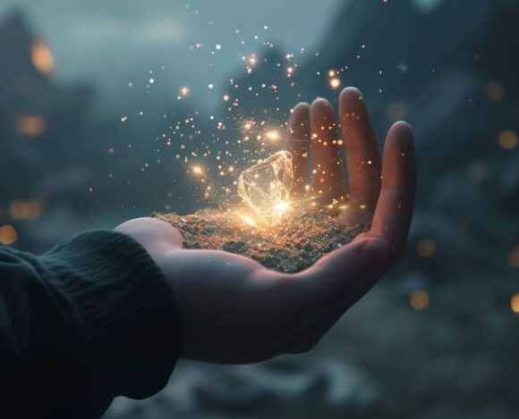 Hand holding magical glowing substance with sparkling light particles on mountainous misty background