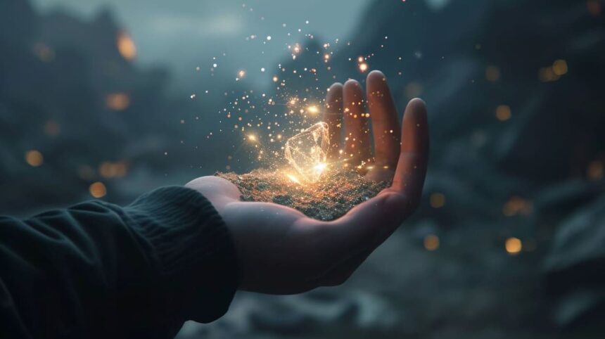 Hand holding magical glowing substance with sparkling light particles on mountainous misty background