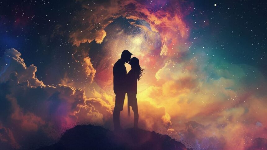 Silhouette of couple embracing against vibrant cosmic sky with stars and nebula clouds.