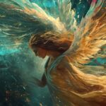 Fantasy angel with majestic wings in dynamic and colorful celestial artwork