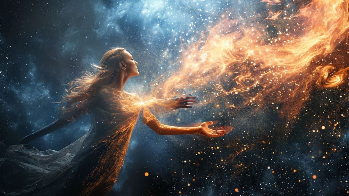 Woman conjuring fire magic in a cosmic space background