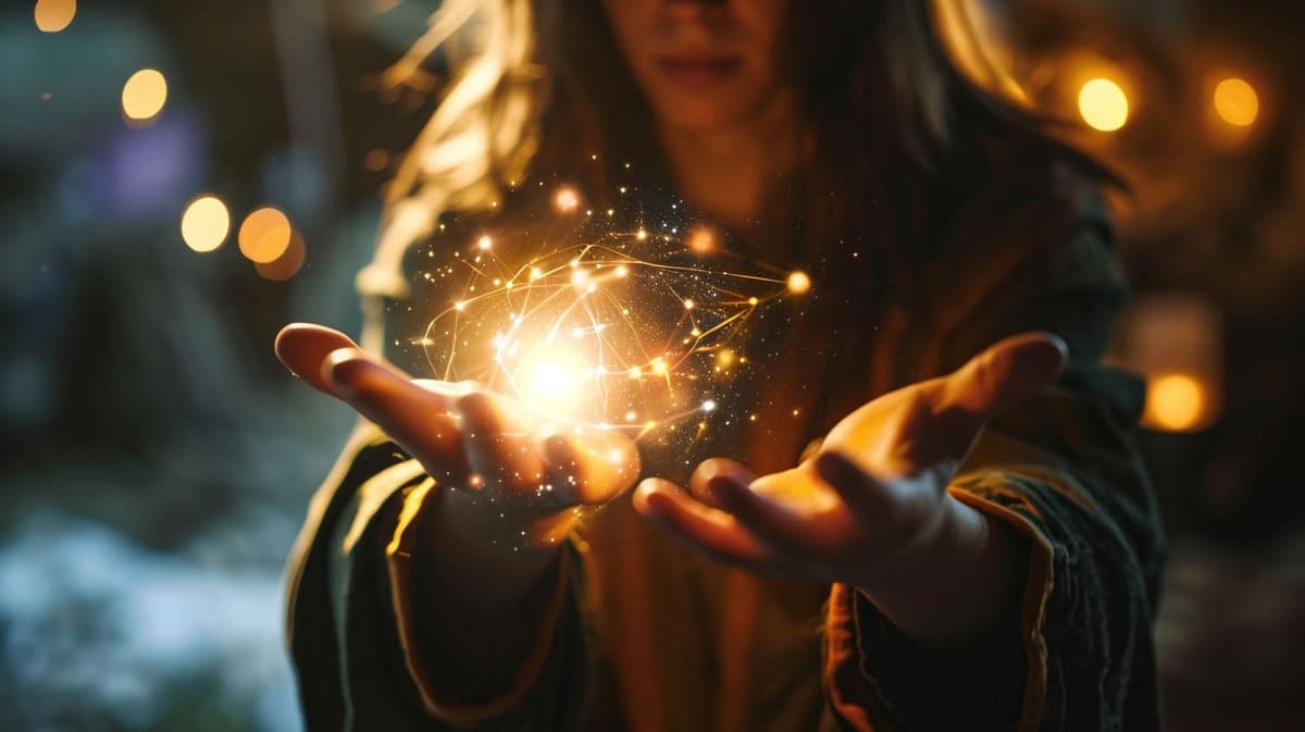 Woman holding luminous magical constellation in her hands with warm bokeh lights in background