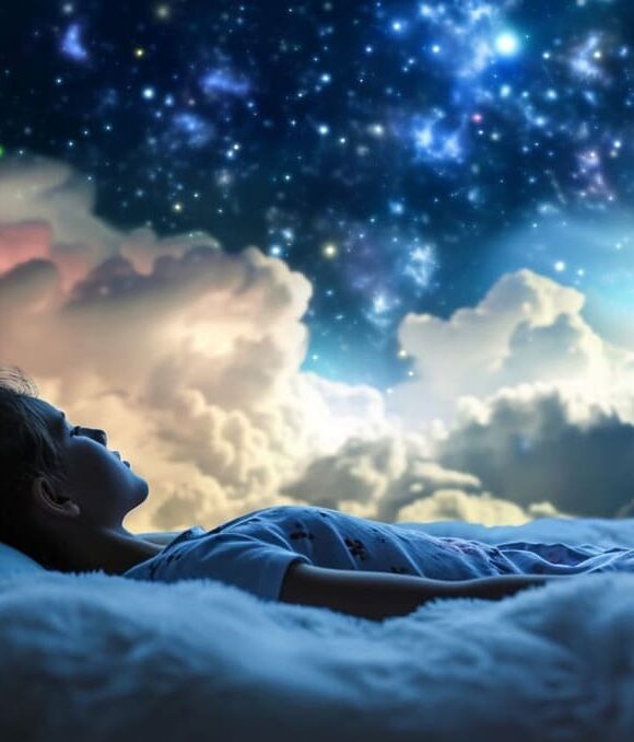 Child dreaming under starry sky, fantasy bedroom with galaxy view, dreamlike childhood concept.