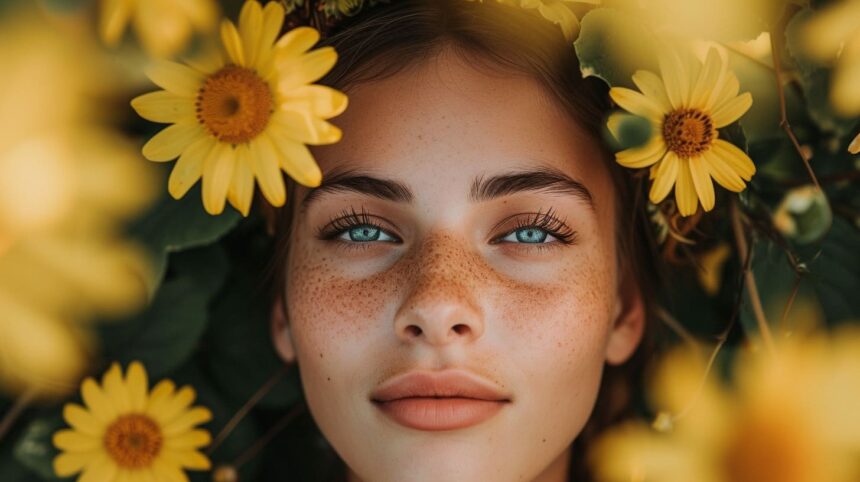 Young woman surrounded by sunflowers showing natural beauty and summer vibes