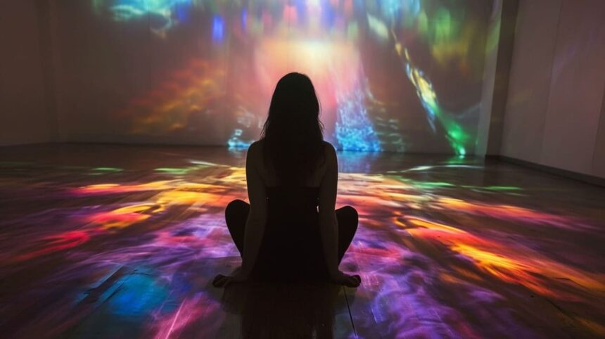 Woman sitting on floor watching colorful light projection in dark room.