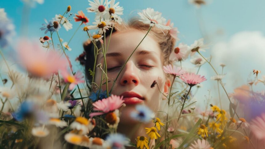 Young woman enjoying nature surrounded by colorful wildflowers with a serene expression against a clear blue sky.