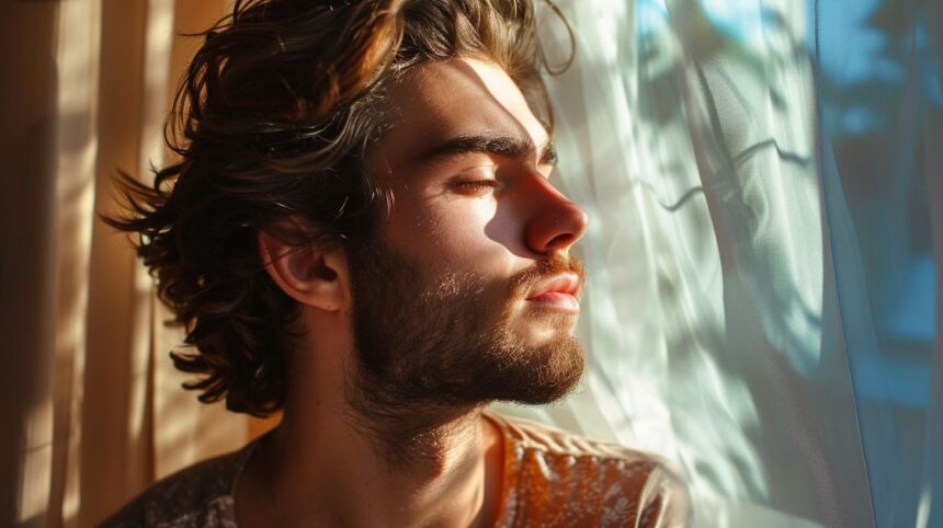 Young man enjoying sunlight near window with eyes closed and serene expression.