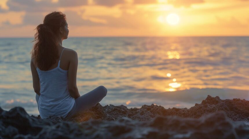 Woman sitting peacefully on the beach at sunset looking at the ocean.
