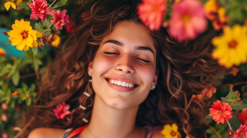 Happy young woman with freckles smiling surrounded by colorful flowers.
