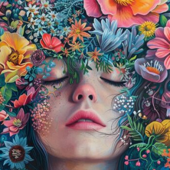 Vibrant floral art with woman's face surrounded by colorful flowers and foliage against a dark background.