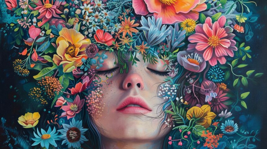 Vibrant floral art with woman's face surrounded by colorful flowers and foliage against a dark background.