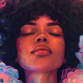 Colorful digital art of a serene woman with eyes closed surrounded by vibrant flowers and a dark, dreamy background.