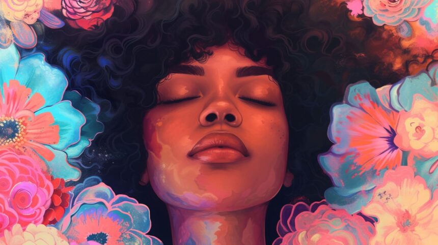 Colorful digital art of a serene woman with eyes closed surrounded by vibrant flowers and a dark, dreamy background.