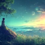 Woman sitting on grassy hill during sunset with mountains and sky with bubbles and flowers in fantasy landscape