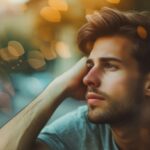 Thoughtful young man looking out the window with bokeh lights background