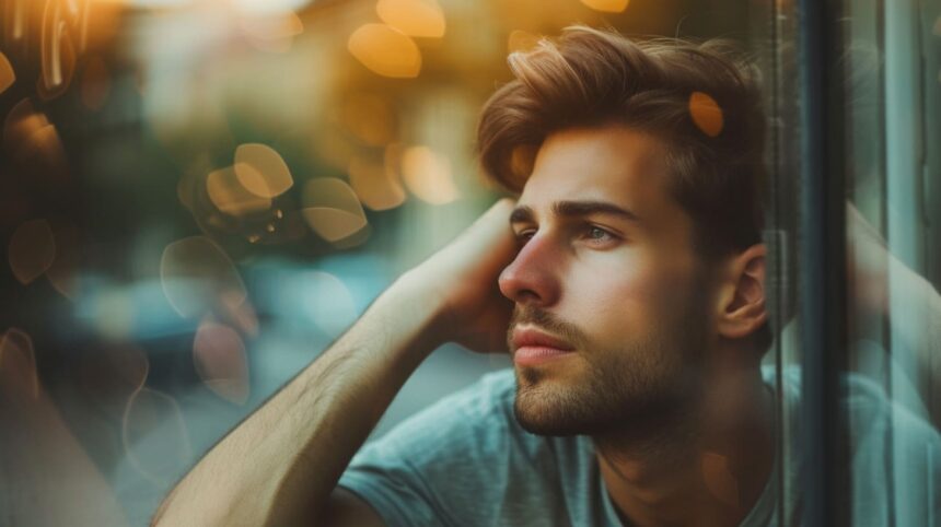 Thoughtful young man looking out the window with bokeh lights background