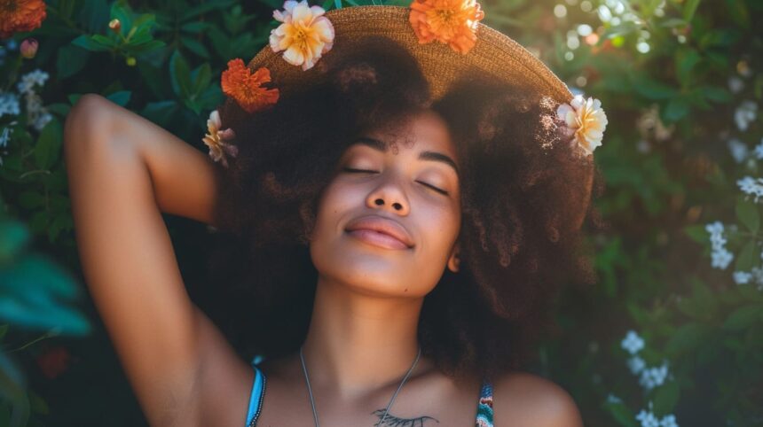 Relaxed woman with flowers in hair enjoying nature