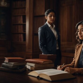 Two professional women in a law library, one writing notes and the other standing in thought.