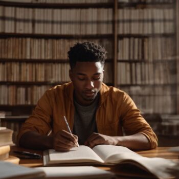 Focused young man studying surrounded by books in a library setting