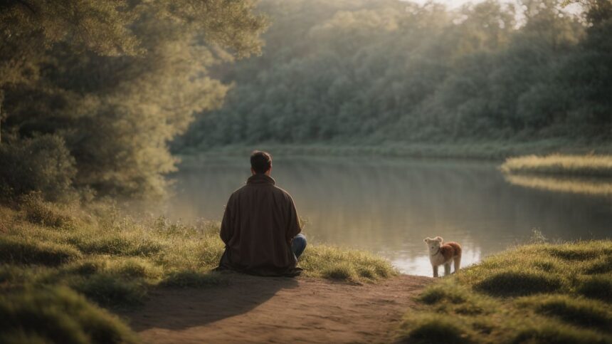 Man sitting by a serene lake with a dog in a peaceful nature setting at dusk.