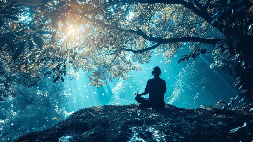 Person meditating in serene forest with sunlight streaming through trees