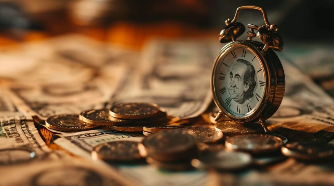 Vintage alarm clock on currency notes with coins indicating time value of money concept.