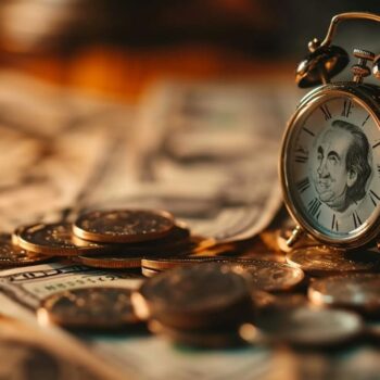 Vintage alarm clock on currency notes with coins indicating time value of money concept.