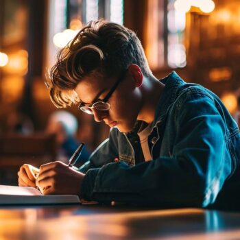 Young student studying and taking notes in historic library setting