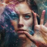 Woman with cosmic galaxy effects on face and hand against abstract background.