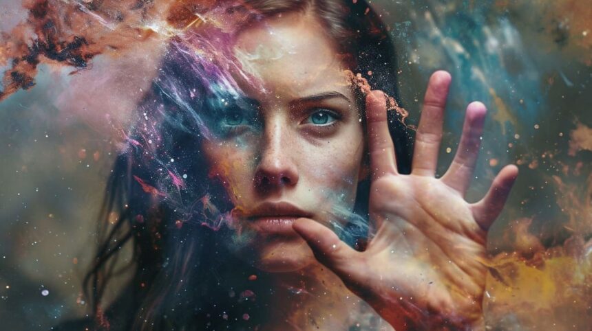 Woman with cosmic galaxy effects on face and hand against abstract background.
