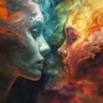 Abstract colorful artwork of two faces in profile with swirling colors blending into each other.